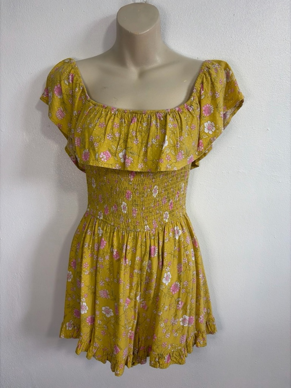 Forever 21 Yellow Floral Smocked Romper Size S Cottagecore Off Shoulder